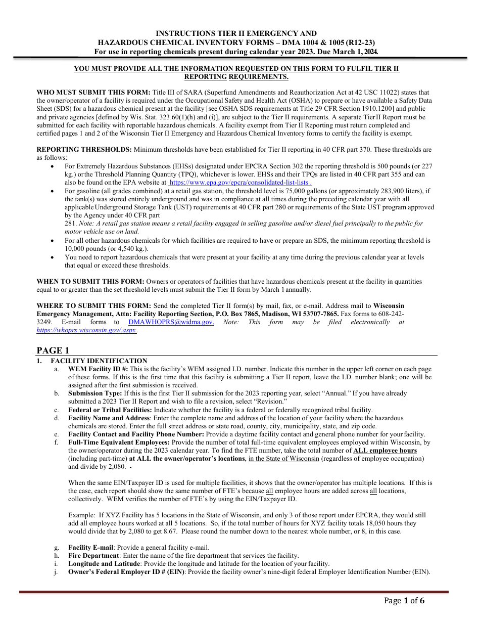 DMA Form 1004 (1005) Tier II Emergency and Hazardous Chemical Inventory - Wisconsin, Page 8