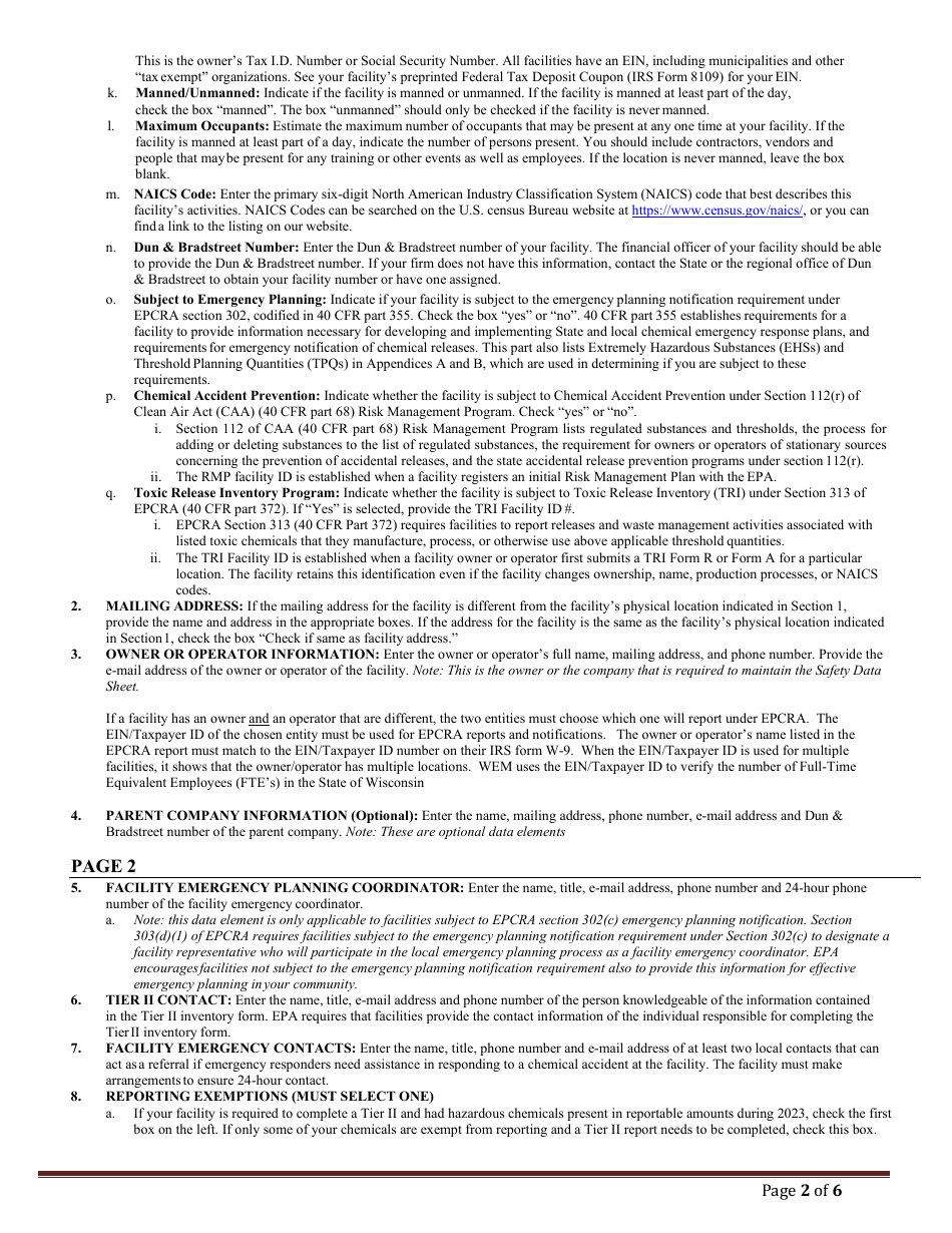 DMA Form 1004 (1005) Tier II Emergency and Hazardous Chemical Inventory - Wisconsin, Page 9