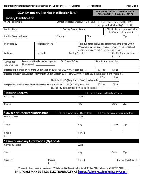 DMA Form 1003 Emergency Planning Notification (Epn) - Wisconsin, 2024