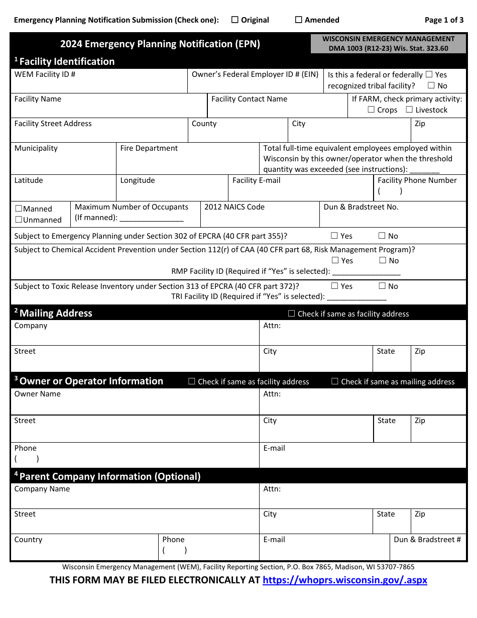 DMA Form 1003 Emergency Planning Notification (Epn) - Wisconsin, Page 1