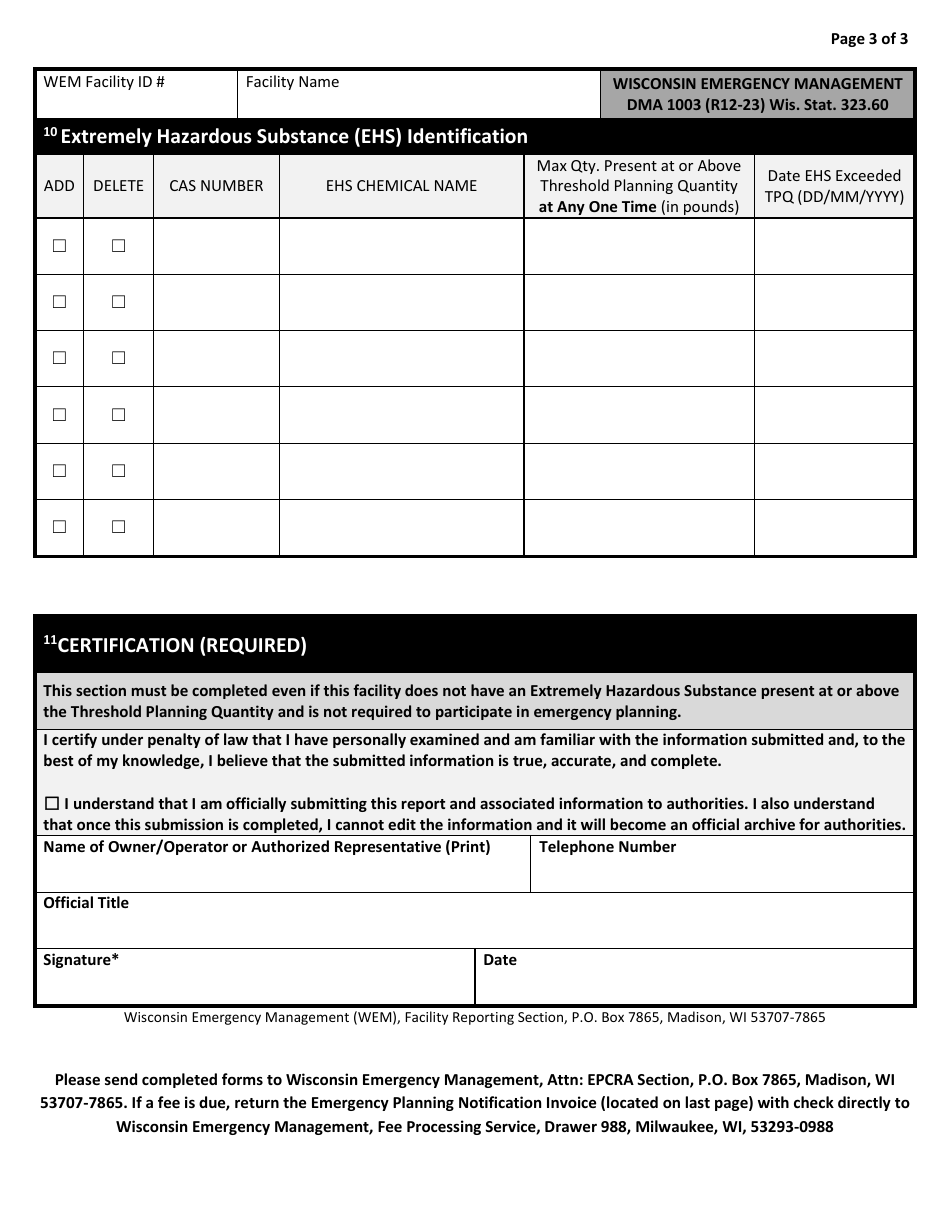 DMA Form 1003 Emergency Planning Notification (Epn) - Wisconsin, Page 3