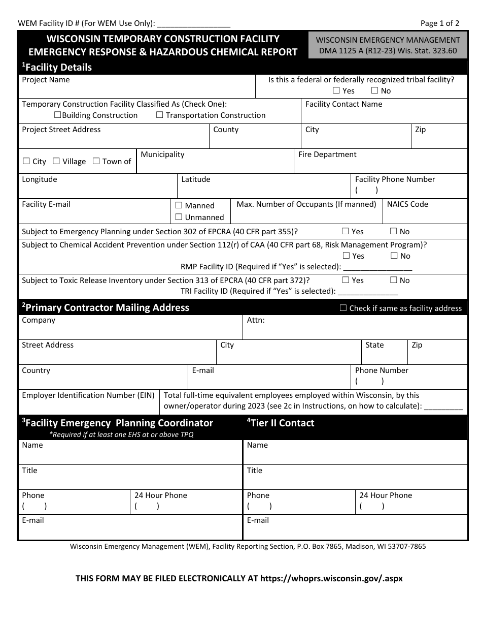 DMA Form 1125 A Wisconsin Temporary Construction Facility Emergency Response  Hazardous Chemical Report - Wisconsin, Page 1