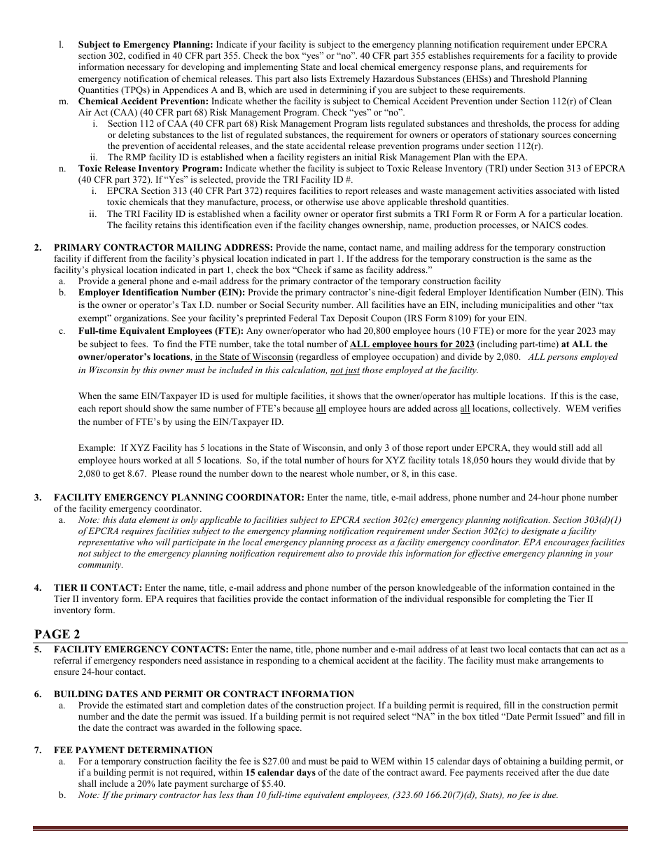 DMA Form 1125 A Wisconsin Temporary Construction Facility Emergency Response  Hazardous Chemical Report - Wisconsin, Page 4