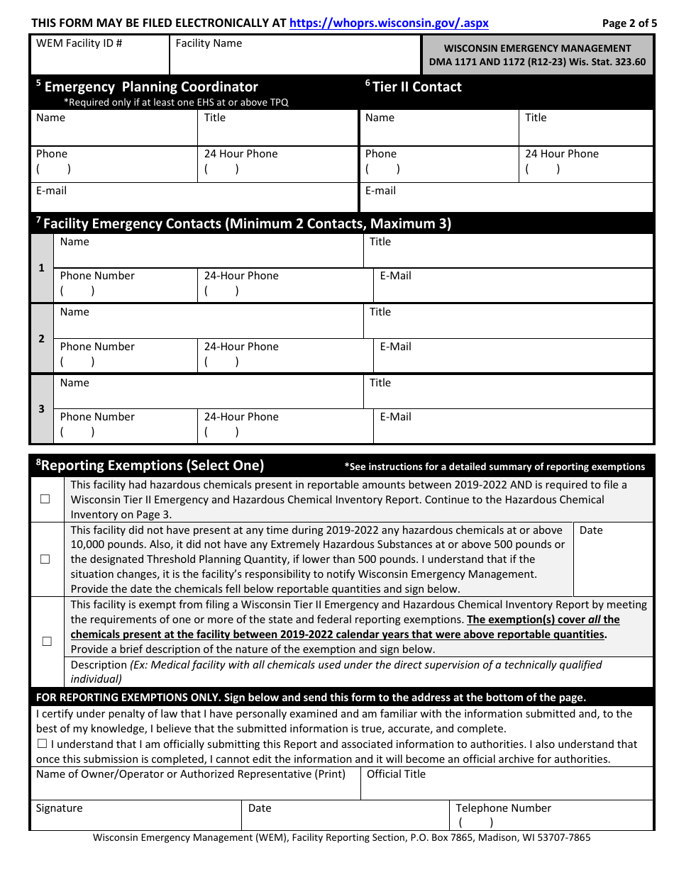DMA Form 1171 (1172) Past Years Inventory Fee Statement and Tier II Hazardous Chemical Inventory - Wisconsin, Page 2