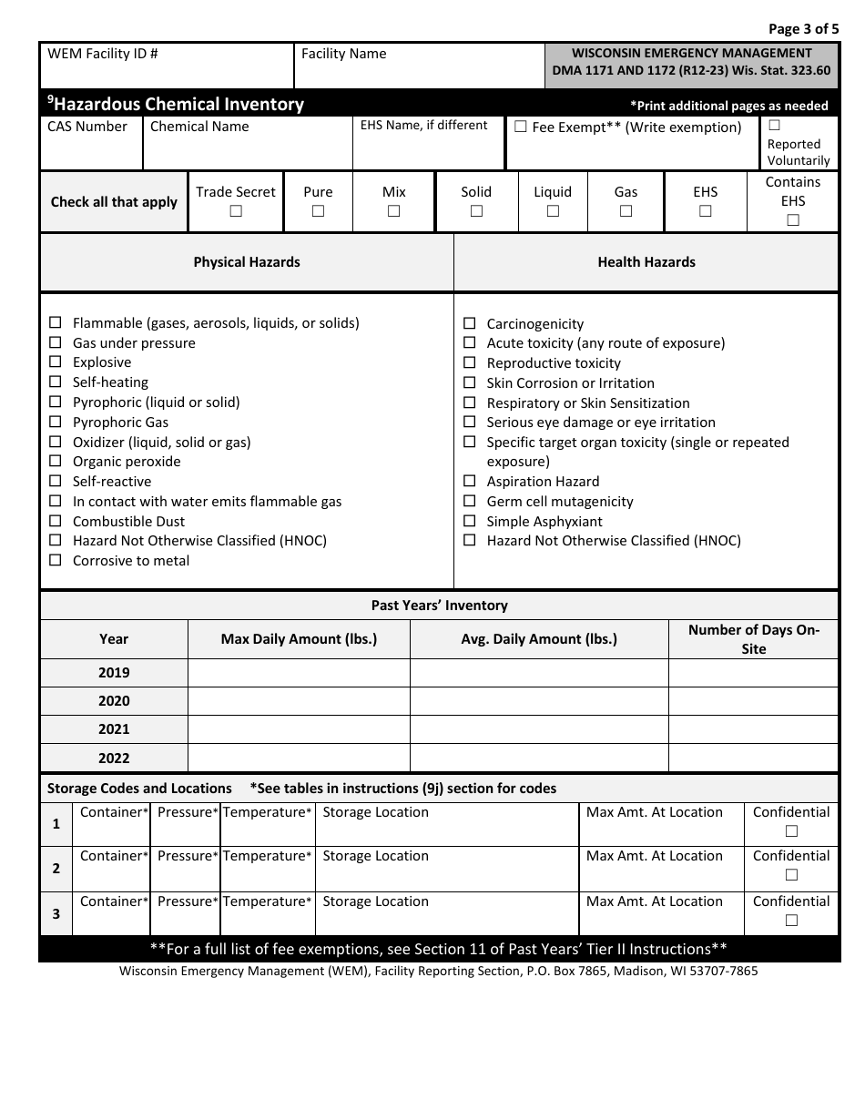 DMA Form 1171 (1172) Past Years Inventory Fee Statement and Tier II Hazardous Chemical Inventory - Wisconsin, Page 3