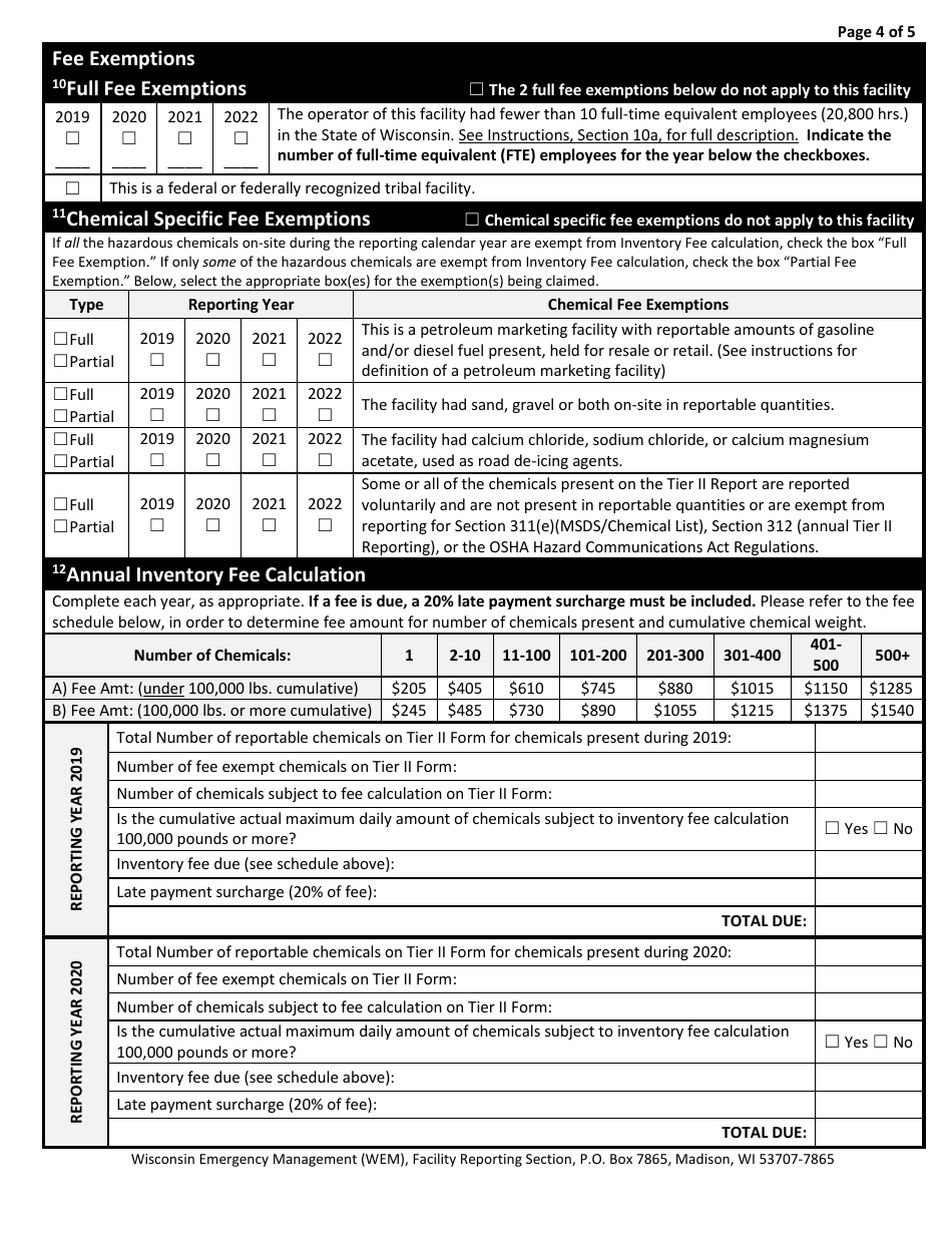 DMA Form 1171 (1172) Past Years Inventory Fee Statement and Tier II Hazardous Chemical Inventory - Wisconsin, Page 4
