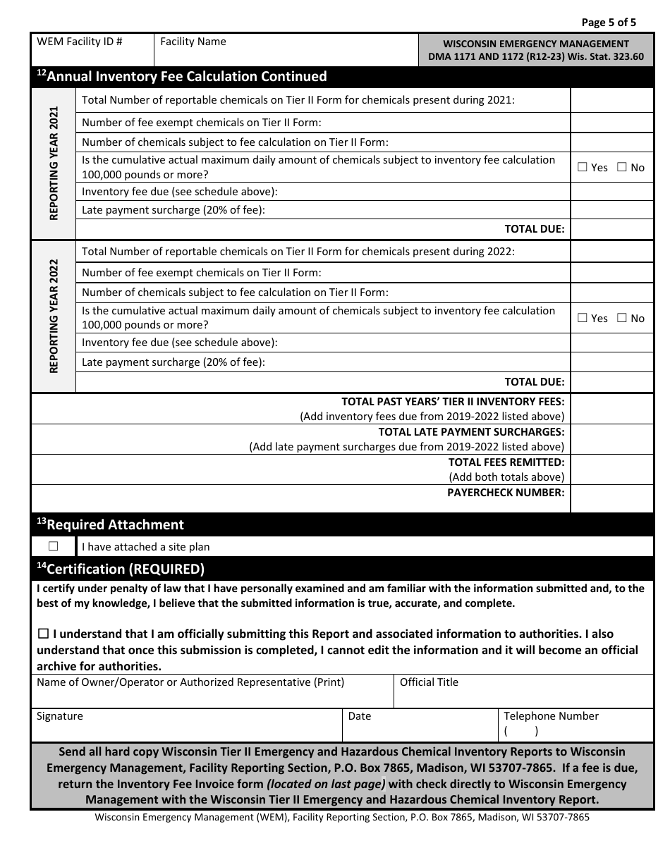 DMA Form 1171 (1172) Past Years Inventory Fee Statement and Tier II Hazardous Chemical Inventory - Wisconsin, Page 5
