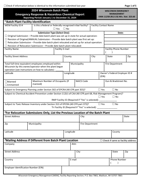 DMA Form 1125B Wisconsin Batch Plant Emergency Response & Hazardous Chemical Report - Wisconsin, 2024