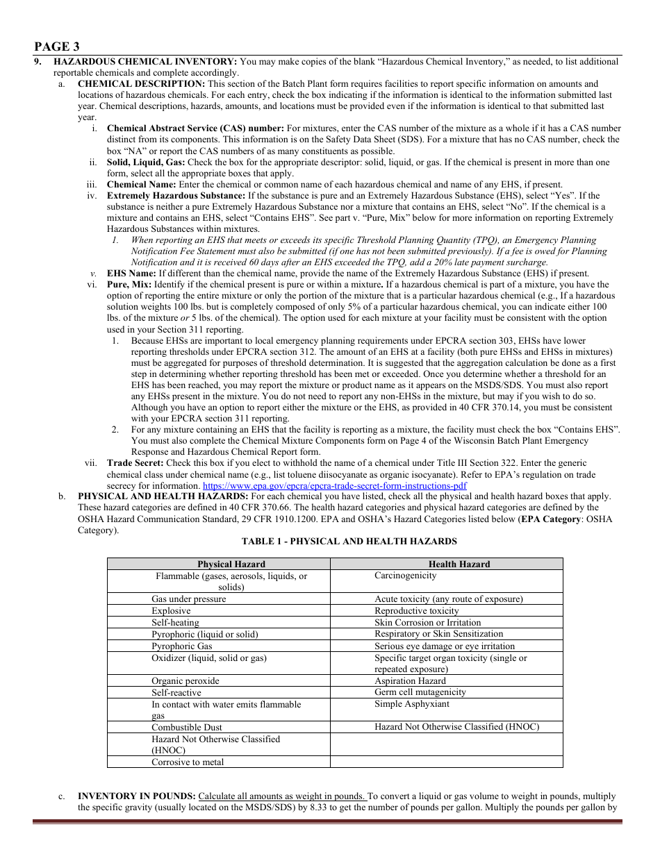 DMA Form 1125B Wisconsin Batch Plant Emergency Response  Hazardous Chemical Report - Wisconsin, Page 10