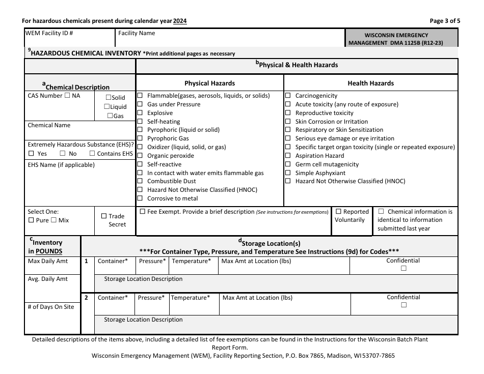 DMA Form 1125B Wisconsin Batch Plant Emergency Response  Hazardous Chemical Report - Wisconsin, Page 3