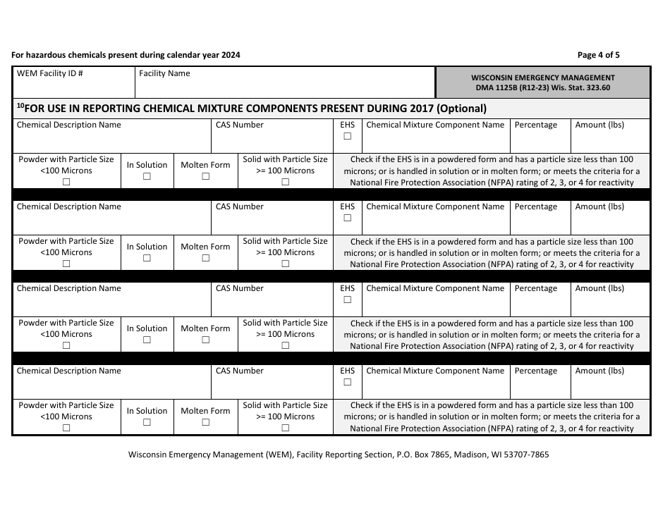 DMA Form 1125B Wisconsin Batch Plant Emergency Response  Hazardous Chemical Report - Wisconsin, Page 4