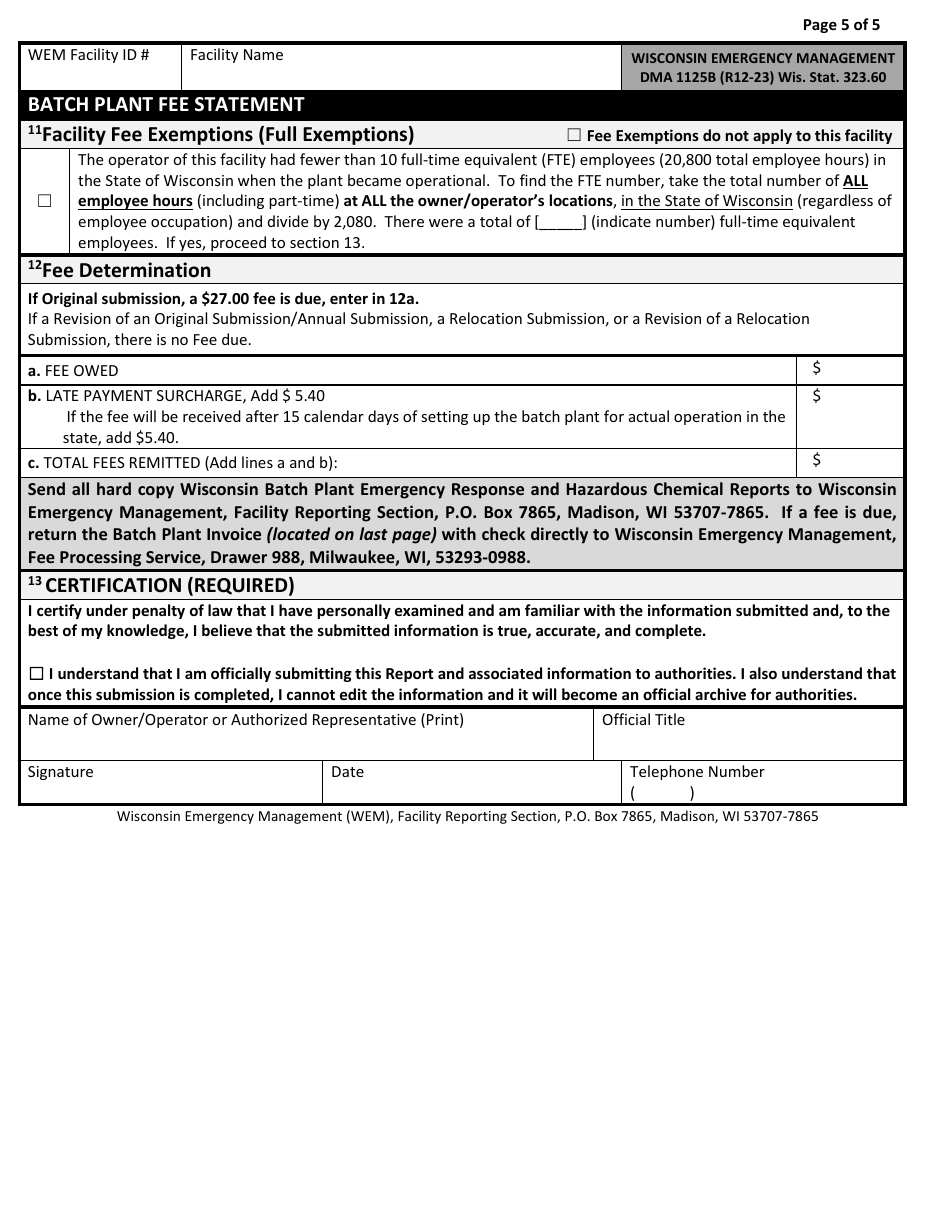 DMA Form 1125B Wisconsin Batch Plant Emergency Response  Hazardous Chemical Report - Wisconsin, Page 5