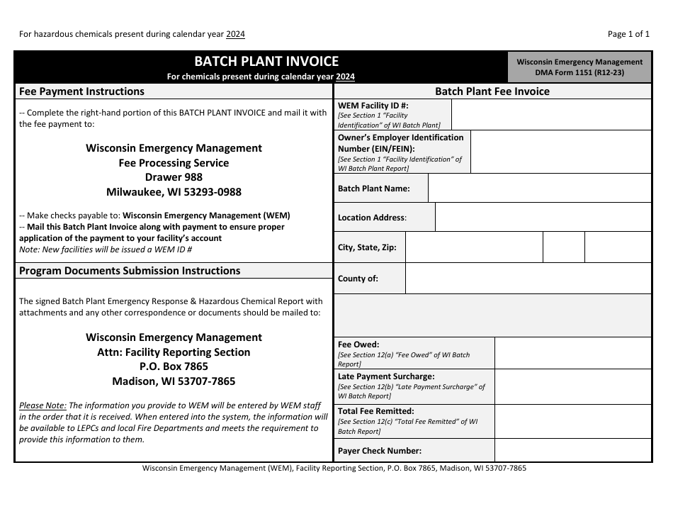 DMA Form 1125B Wisconsin Batch Plant Emergency Response  Hazardous Chemical Report - Wisconsin, Page 7