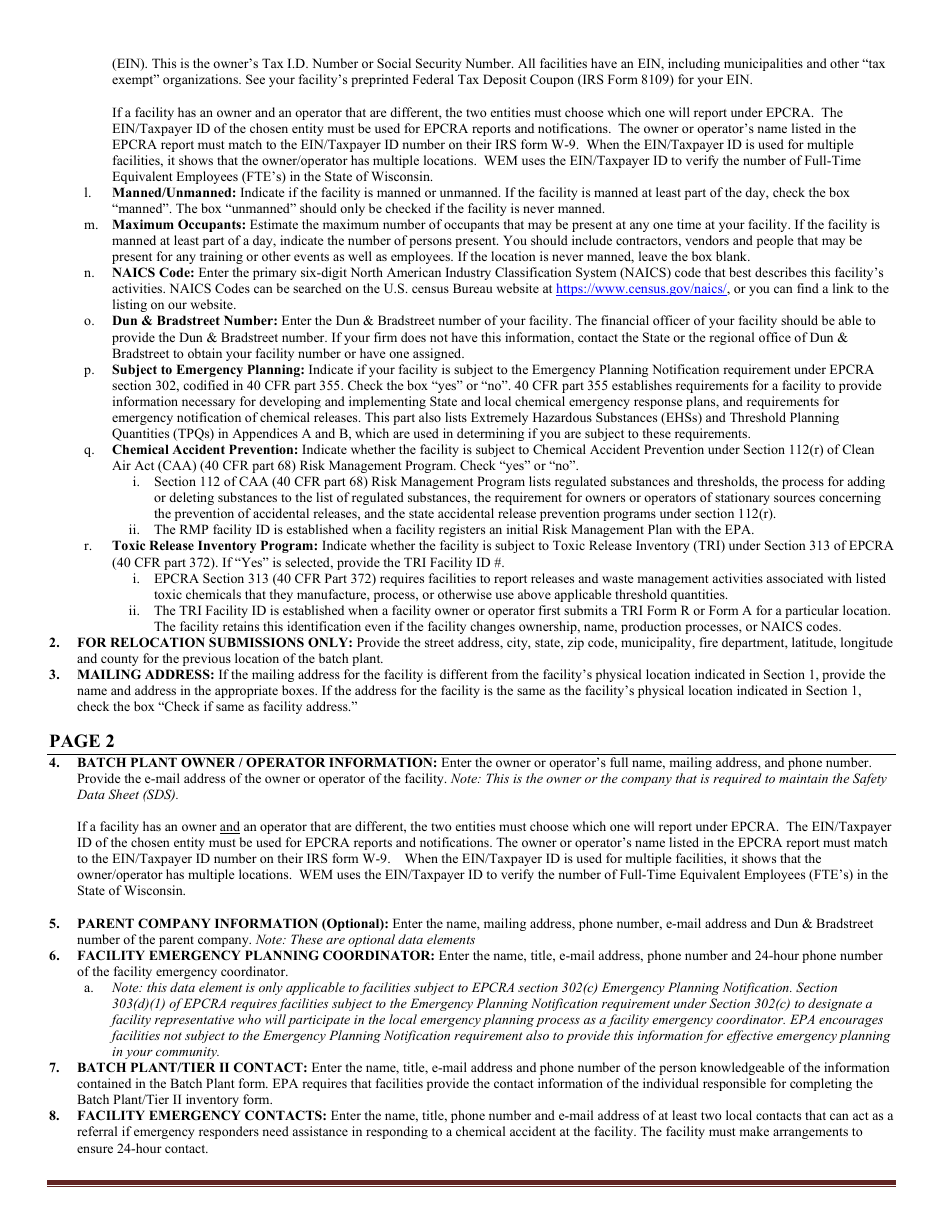 DMA Form 1125B Wisconsin Batch Plant Emergency Response  Hazardous Chemical Report - Wisconsin, Page 9