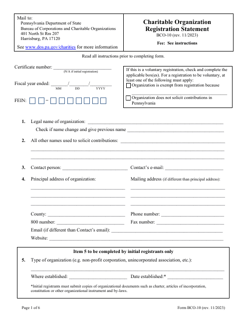 Form BCO-10 Charitable Organization Registration Statement - Pennsylvania