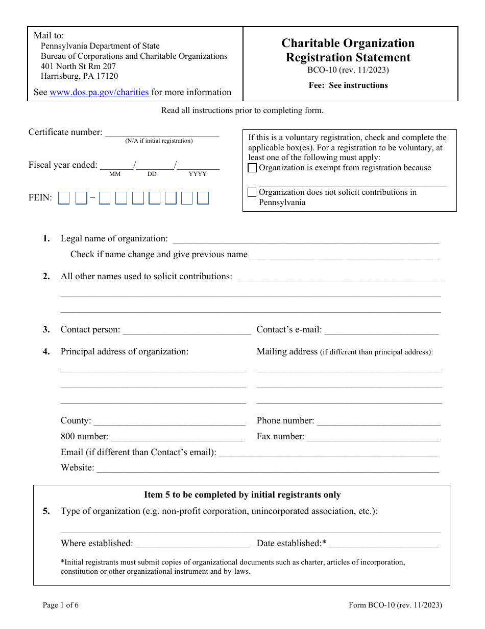 Form BCO-10 Download Fillable PDF or Fill Online Charitable ...