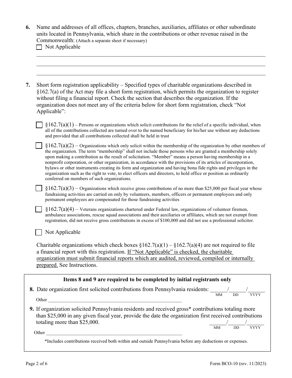 Form BCO-10 Charitable Organization Registration Statement - Pennsylvania, Page 2
