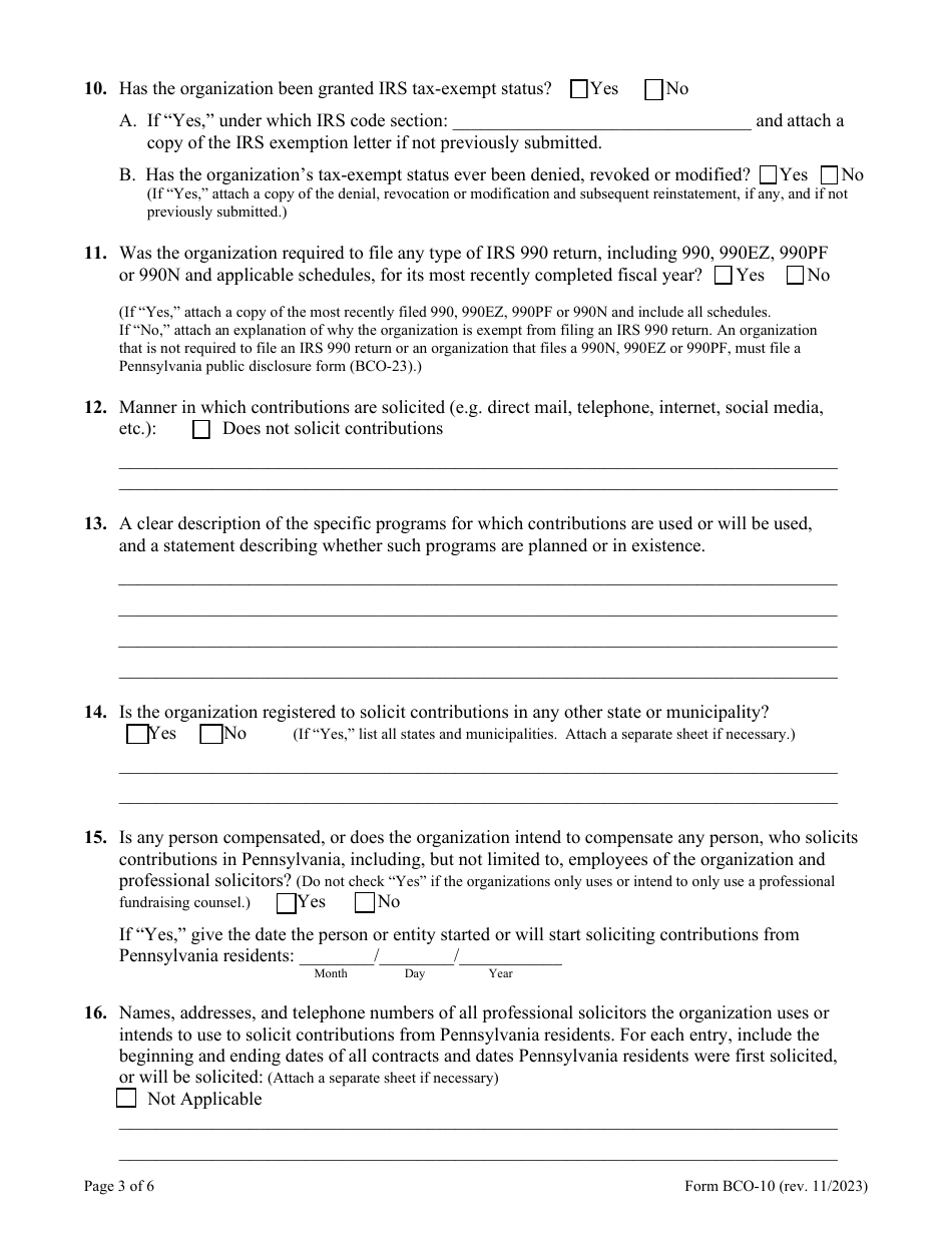 Form BCO-10 Charitable Organization Registration Statement - Pennsylvania, Page 3