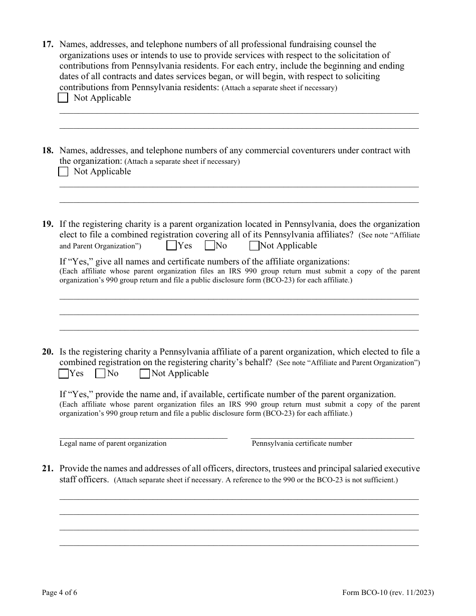 Form BCO-10 Charitable Organization Registration Statement - Pennsylvania, Page 4
