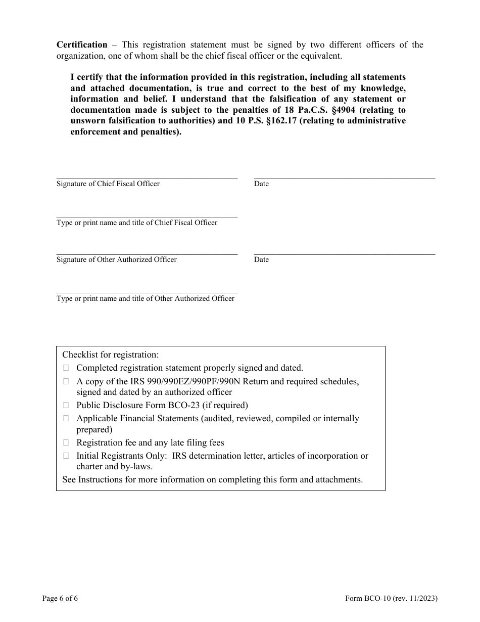 Form BCO-10 Charitable Organization Registration Statement - Pennsylvania, Page 6