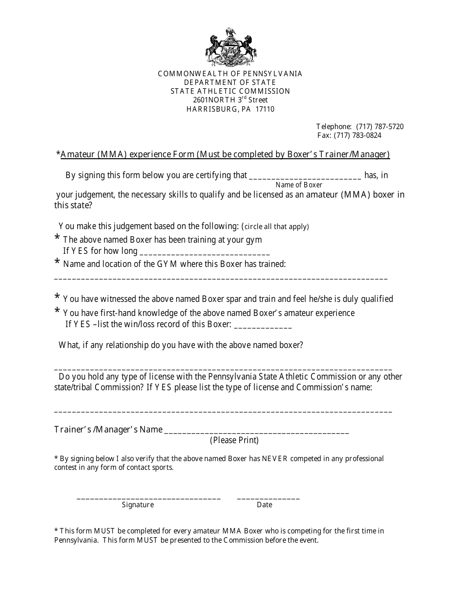 Amateur Mma Experience Form - Pennsylvania, Page 1
