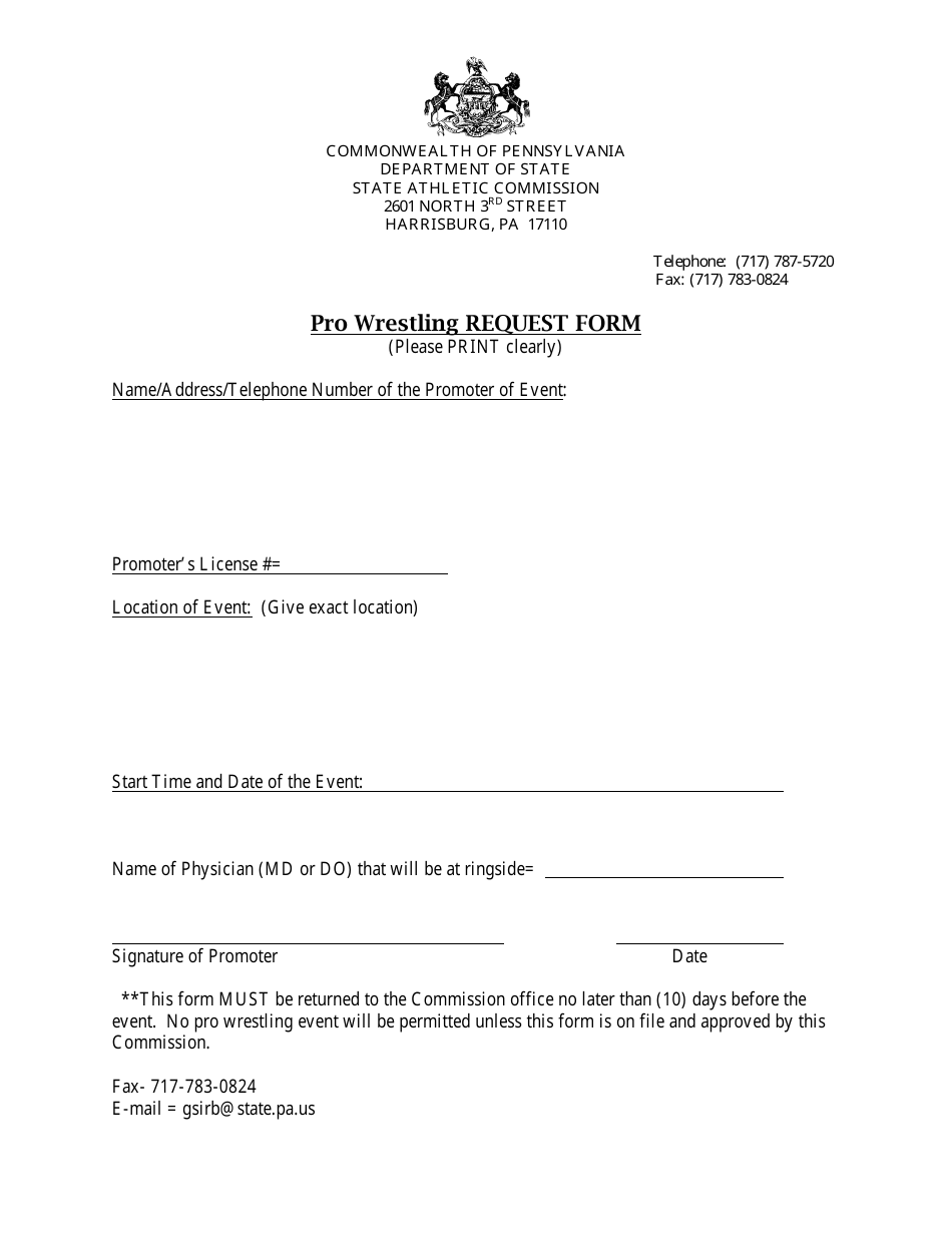 Pro Wrestling Request Form - Pennsylvania, Page 1