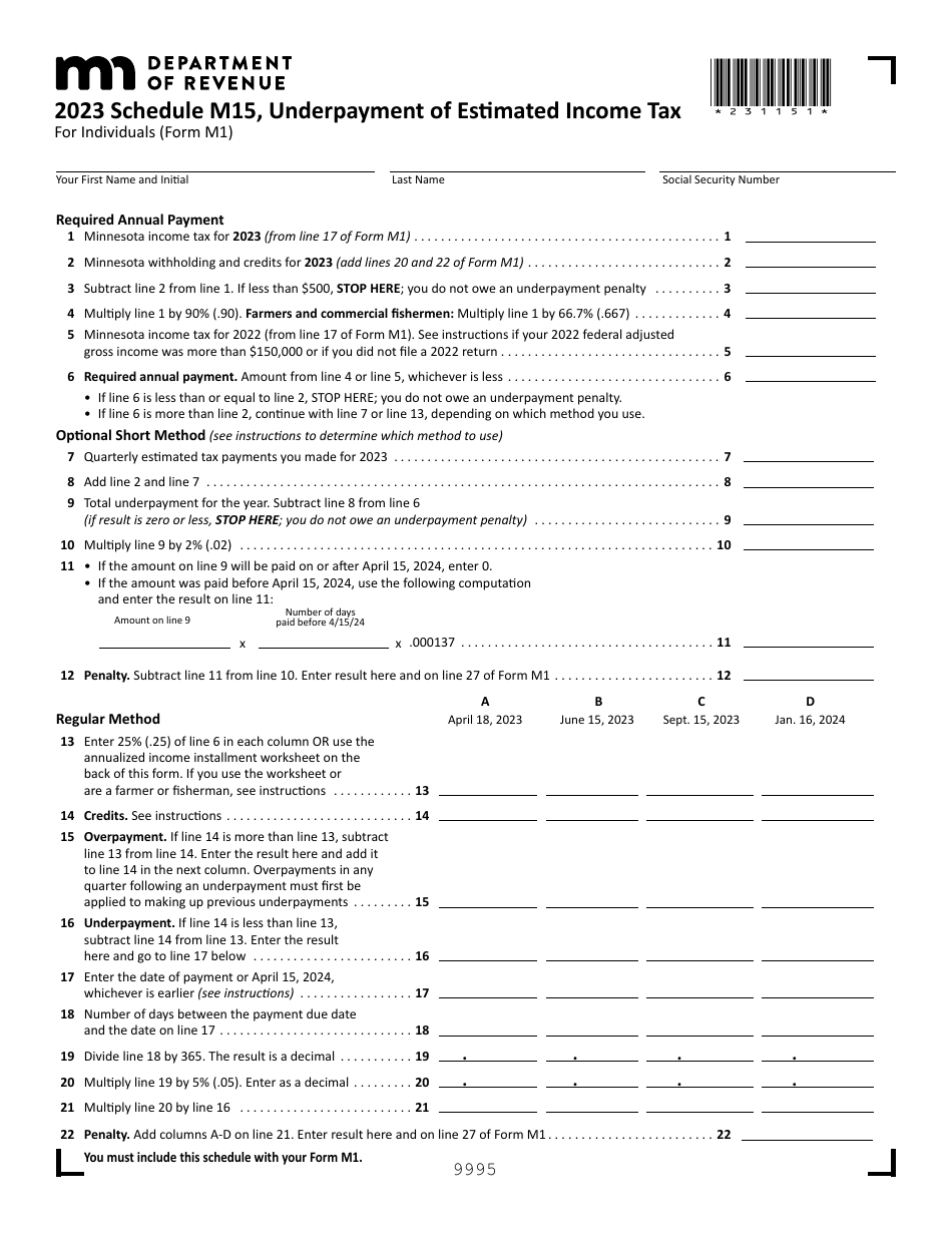 Schedule M15 Underpayment of Estimated Income Tax - Minnesota, Page 1