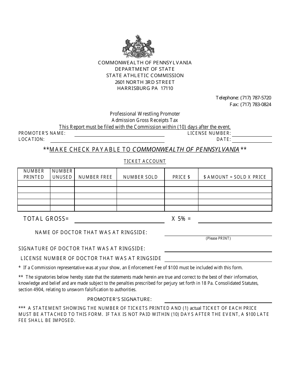 Pennsylvania 5 Ticket Statement Wrestling Fill Out, Sign Online