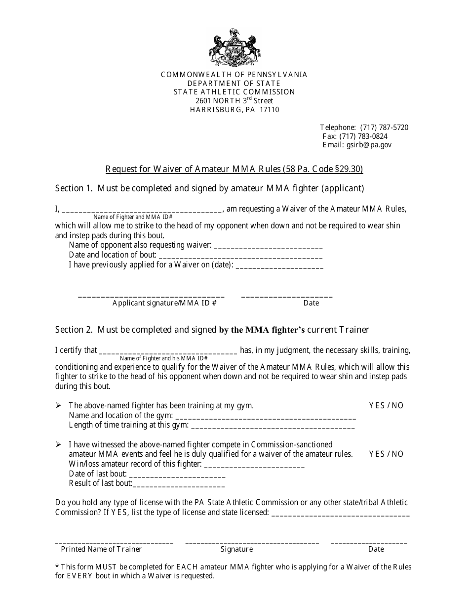 Request for Waiver of Amateur Mma Rules - Pennsylvania, Page 1