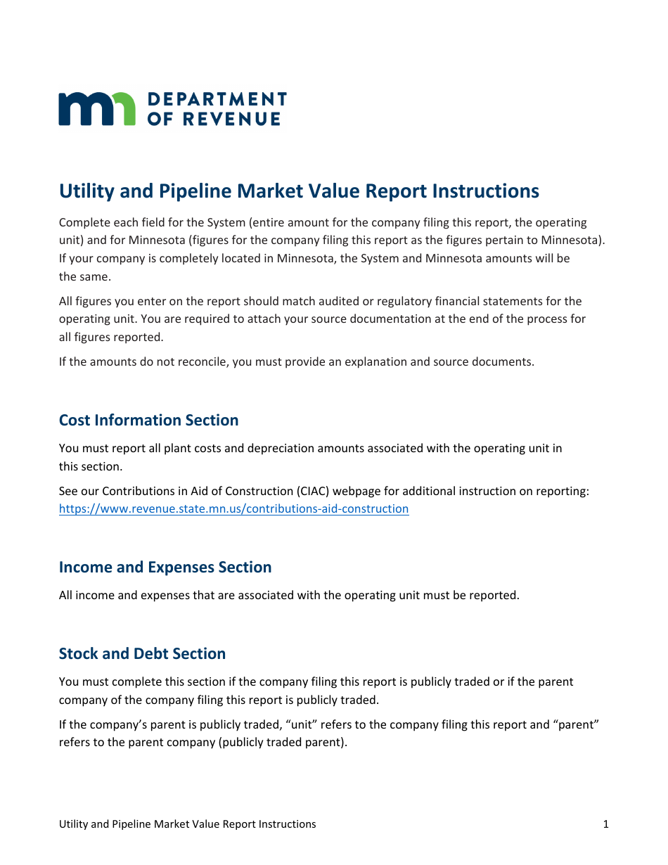 Utility and Pipeline Market Value Report Instructions - Minnesota, Page 1