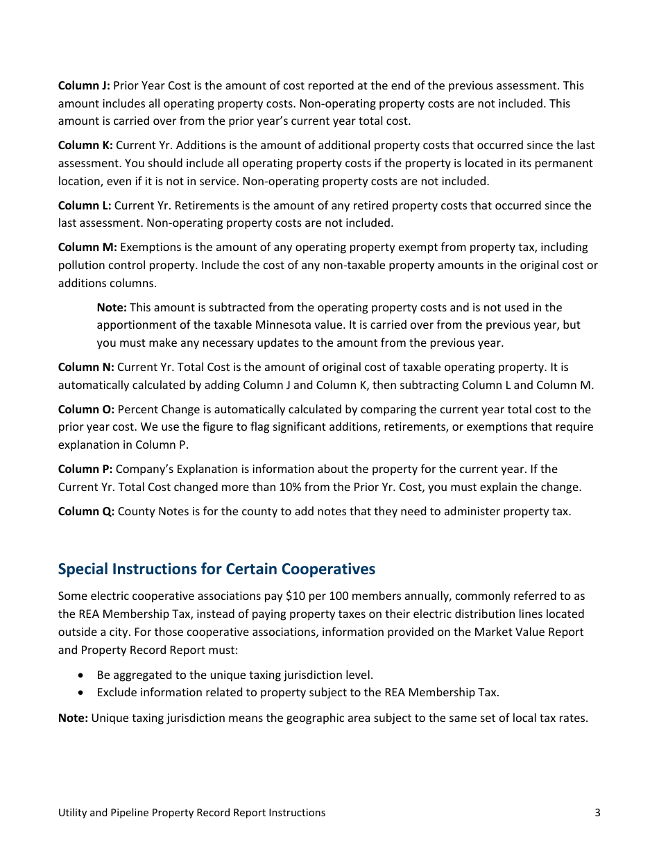 Minnesota Utility and Pipeline Property Record Report Instructions