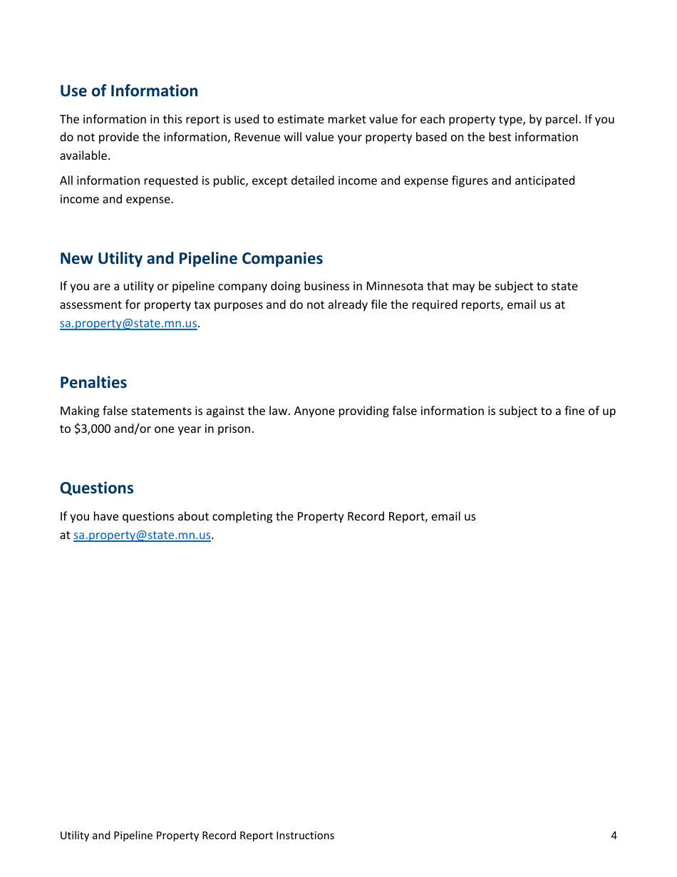 Minnesota Utility and Pipeline Property Record Report Instructions