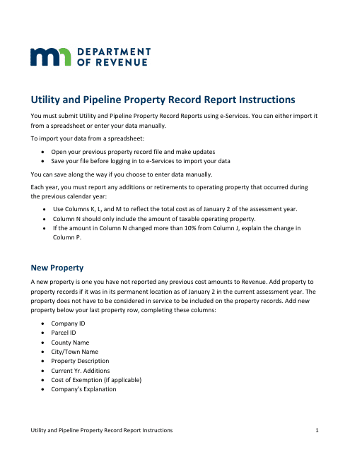 Utility and Pipeline Property Record Report Instructions - Minnesota Download Pdf