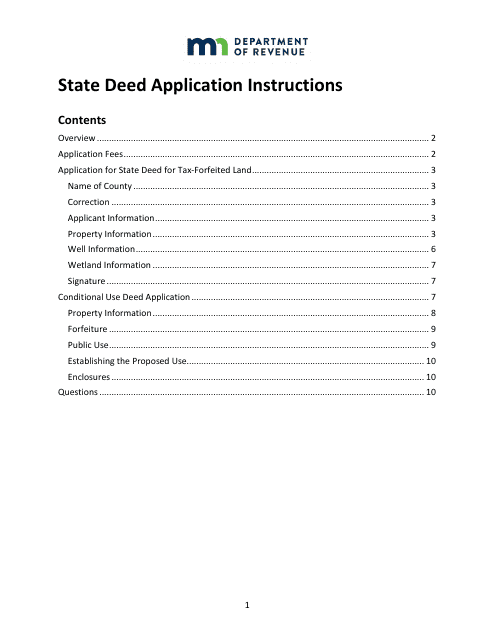 Instructions for State Deed Application Form - Minnesota Download Pdf