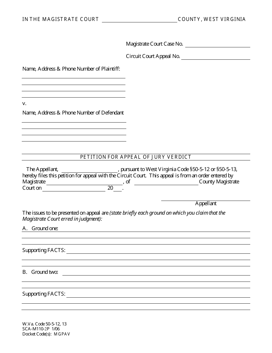Form SCA-M110-2P Petition for Appeal of Jury Verdict - West Virginia, Page 1