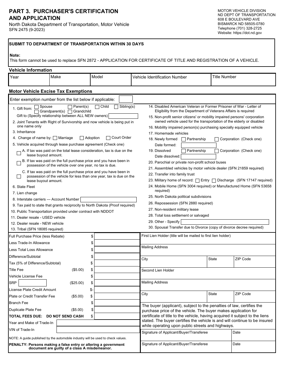 Form SFN2475 Part 3 Purchasers Certification and Application - North Dakota, Page 1