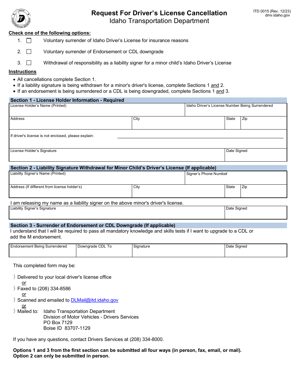 Form ITD0015 Request for Drivers License Cancellation - Idaho, Page 1