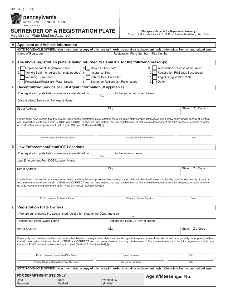 Form MV-141 Surrender of a Registration Plate - Pennsylvania, Page 1