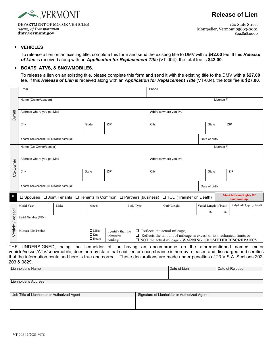 Form VT008 Fill Out, Sign Online and Download Fillable PDF, Vermont