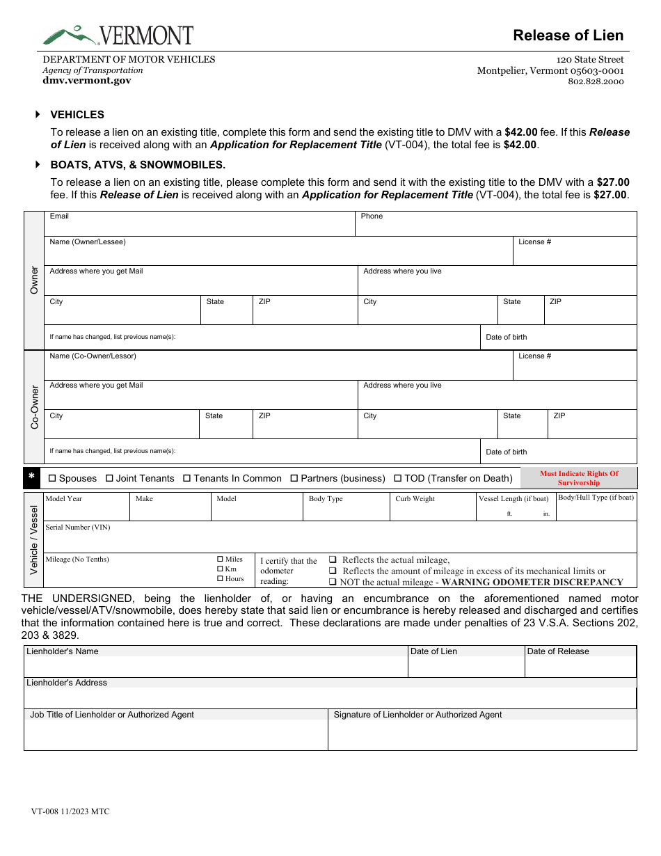 Form VT-008 Release of Lien - Vermont, Page 1