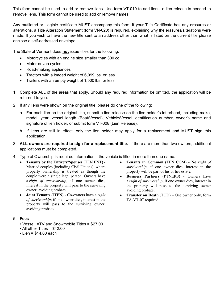 Form VT-004 Replacement Title Application - Vermont, Page 2
