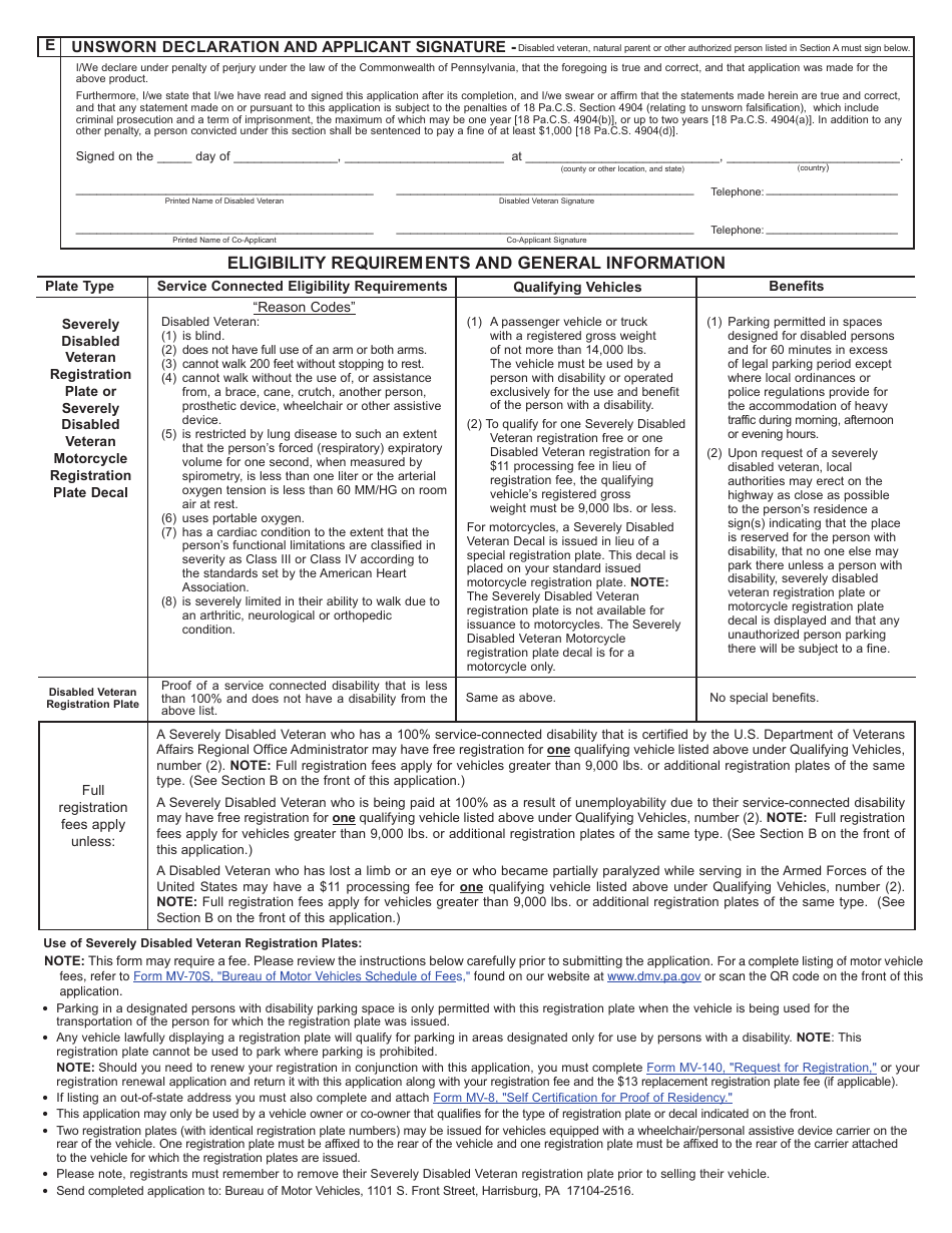 Form MV-145V Application for Disabled Veteran, Severely Disabled Veteran Registration Plate or Severely Disabled Veteran Motorcycle Plate Decal - Pennsylvania, Page 2