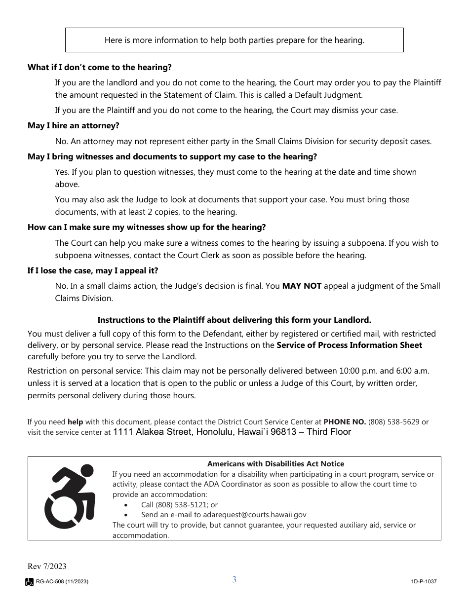 Form 1DC05 Small Claims - Statement of Claim and Notice for Security Deposit Disputes - Hawaii, Page 3