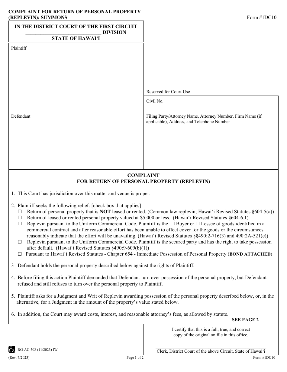 Form 1DC10 Complaint for Return of Personal Property (Replevin); Summons - Hawaii, Page 1