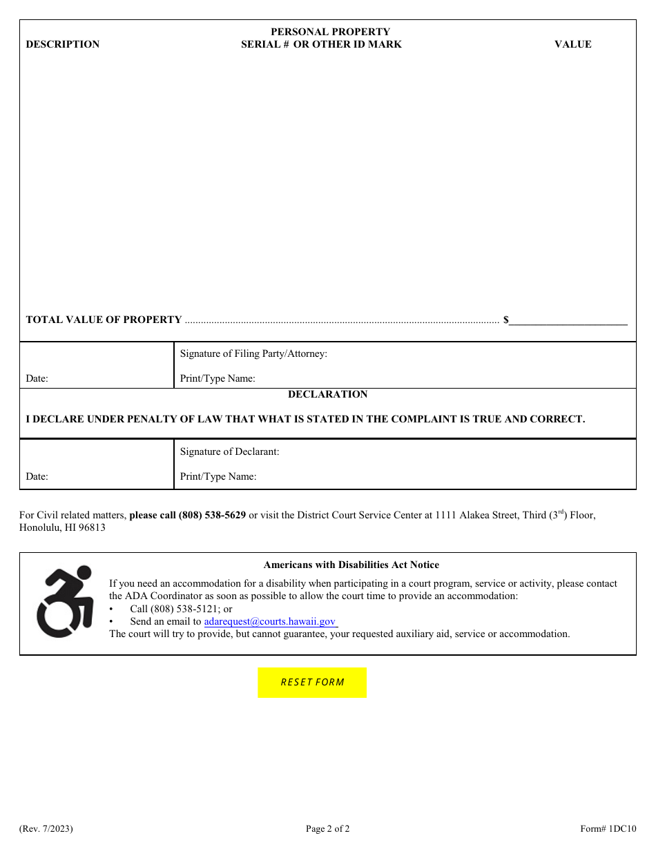 Form 1DC10 Complaint for Return of Personal Property (Replevin); Summons - Hawaii, Page 2