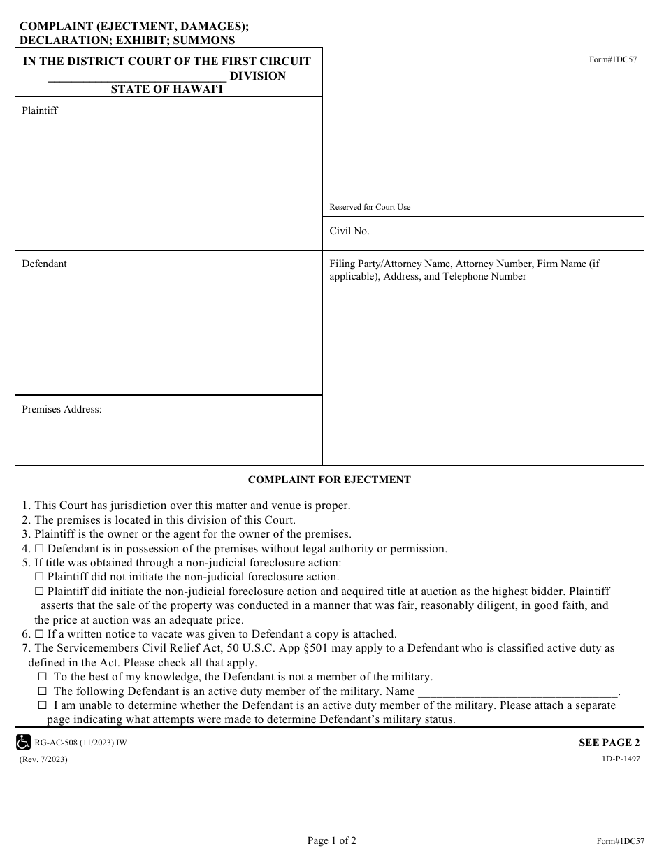 Form 1DC57 Complaint (Ejectment, Damages); Declaration; Exhibit; Summons - Hawaii, Page 1