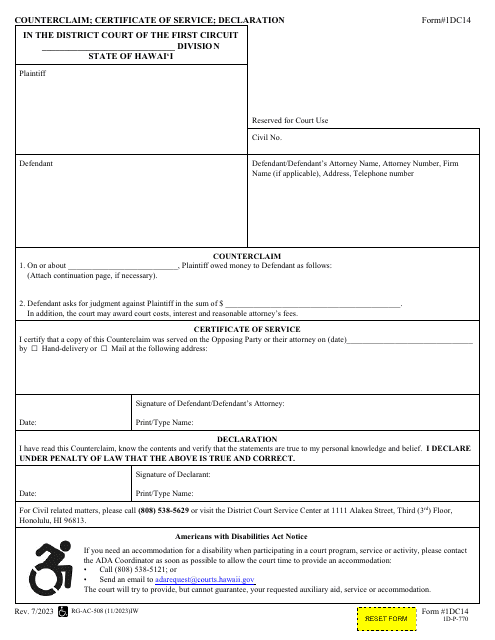 Form 1DC14 Counterclaim; Certificate of Service; Declaration - Hawaii