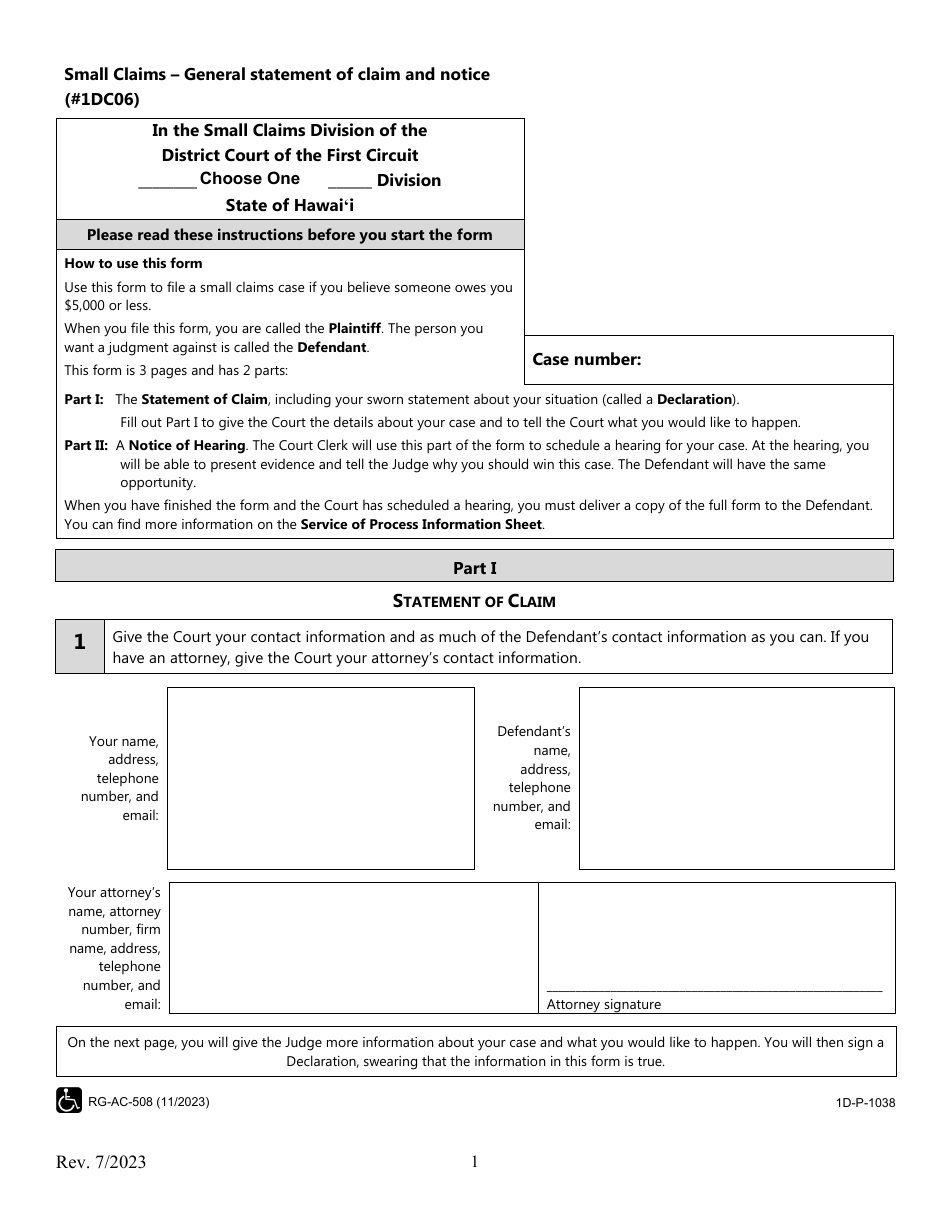 Form 1DC06 Small Claims - General Statement of Claim and Notice - Hawaii, Page 1