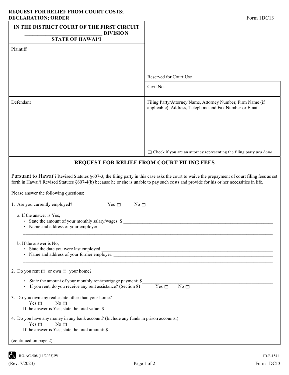 Form 1DC13 Request for Relief From Court Costs; Declaration; Order - Hawaii, Page 1