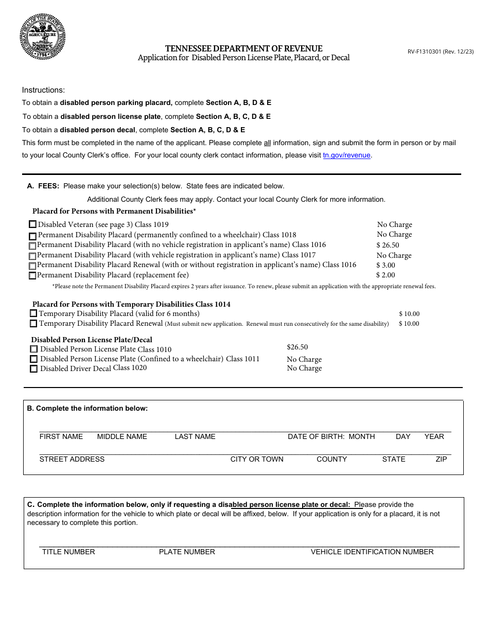 Form RV-F1310301 Application for Disabled Person License Plate, Placard, or Decal - Tennessee, Page 1